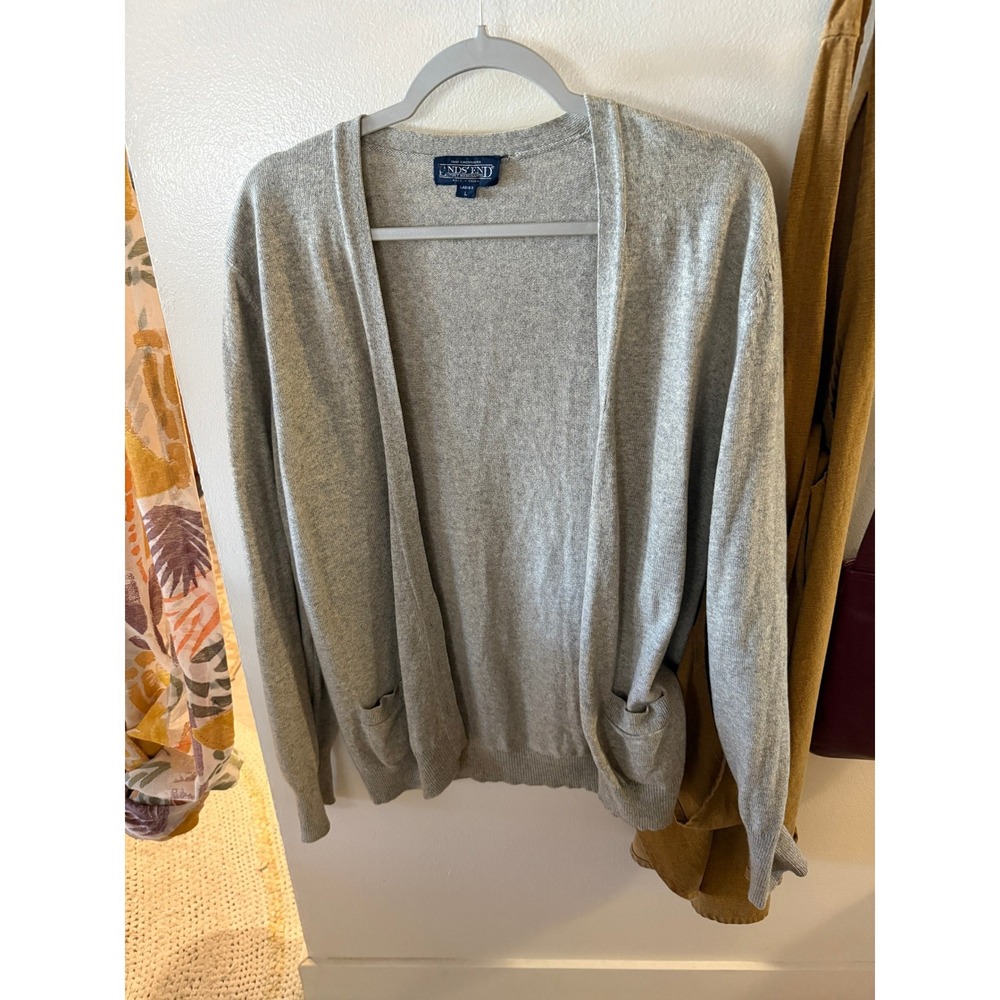 Lands End Womens 100% Cashmere heathered gray classic bookish cardigan LG